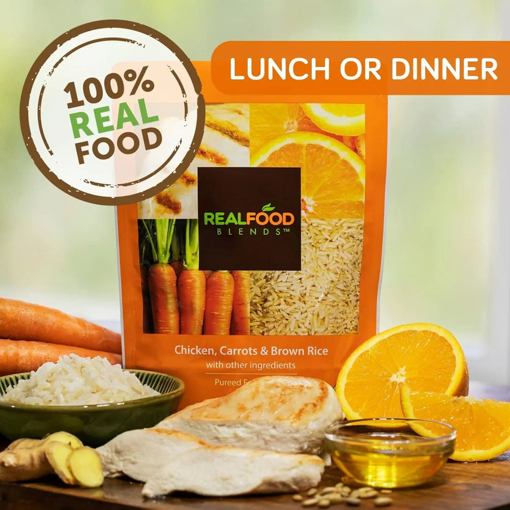 Real Food Blends - Orange Chicken, Carrots & Brown Rice - Meals for Tube Fed People - 9.4 Oz Pouch (Pack of 12)