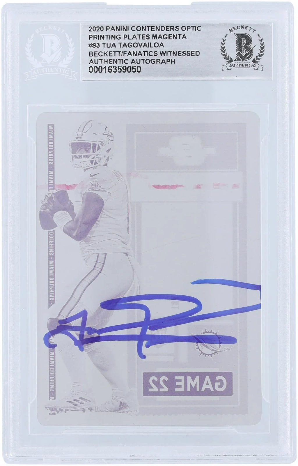 Tua Tagovailoa Miami Dolphins Autographed 2020 Panini Contenders Optic Magenta Printing Plate #93 #1/1 Beckett Fanatics Witnessed Authenticated Rookie Card - Fanatics Authentic Certified