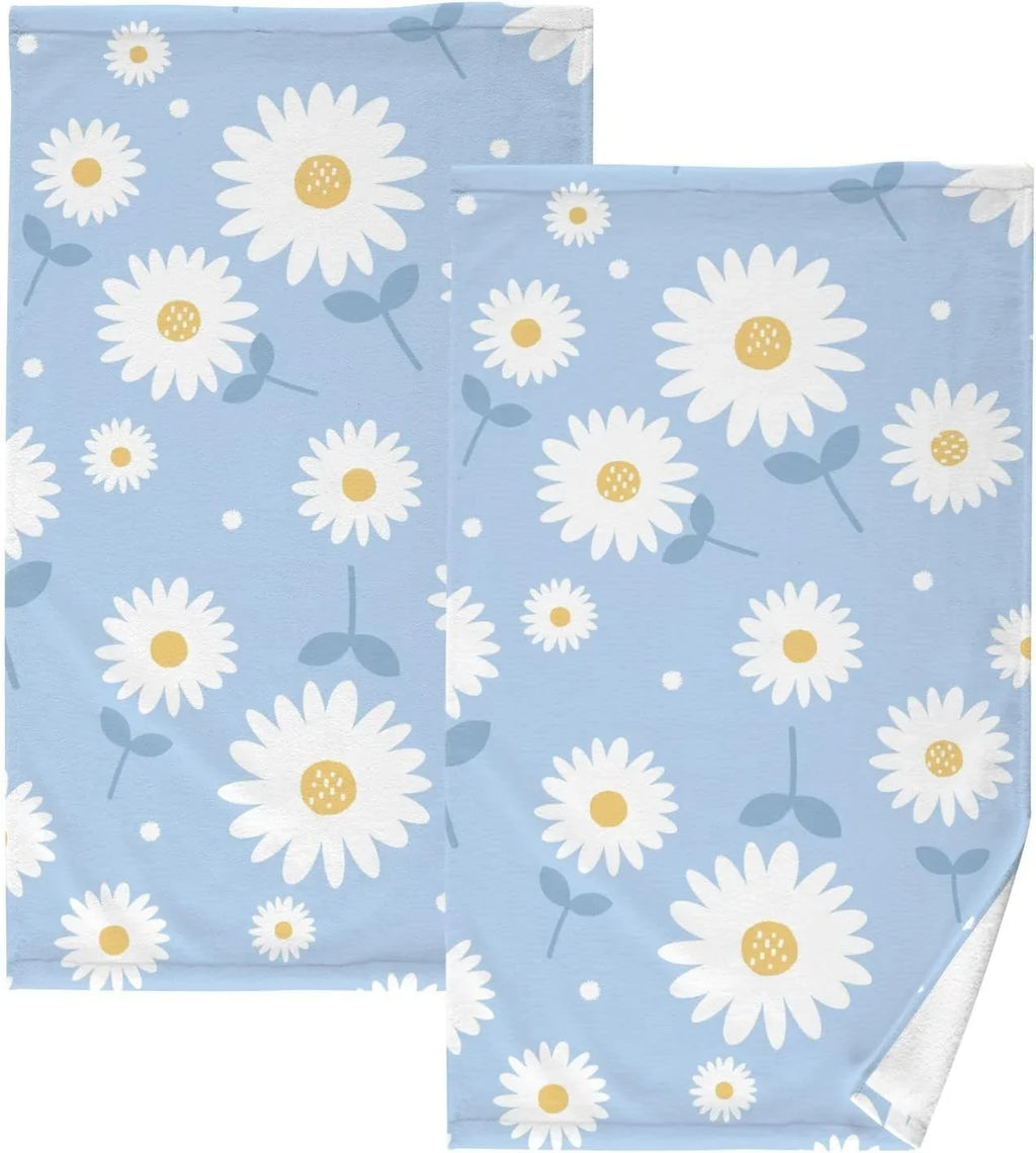 Wellsay Face Hand Towel Set Daisy Flower Blue Cotton Washcloths, Quick-Dry Highly Absorbent Bath Towel- Pack of 2