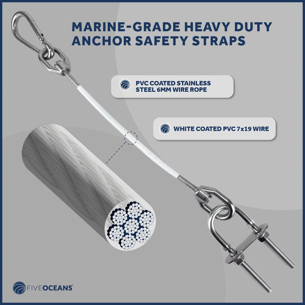 Five Oceans 12-Inch Anchor Safety Straps, Heavy Duty 7x19  Coated Stainless Steel 6mm Wire Rope, Includes 5/16-Inch Carabiner Snap Hook and 5/16-Inch U-Bolt - FO4560