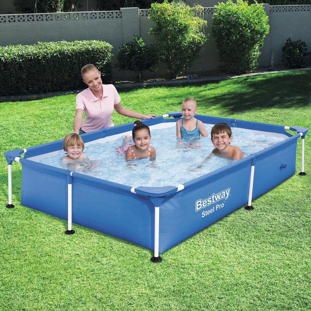 Bestway Steel Pro 7.25 x 4.9 x 1.4 ft Rectangular Above Ground Kids Swimming Pool, Metal Frame