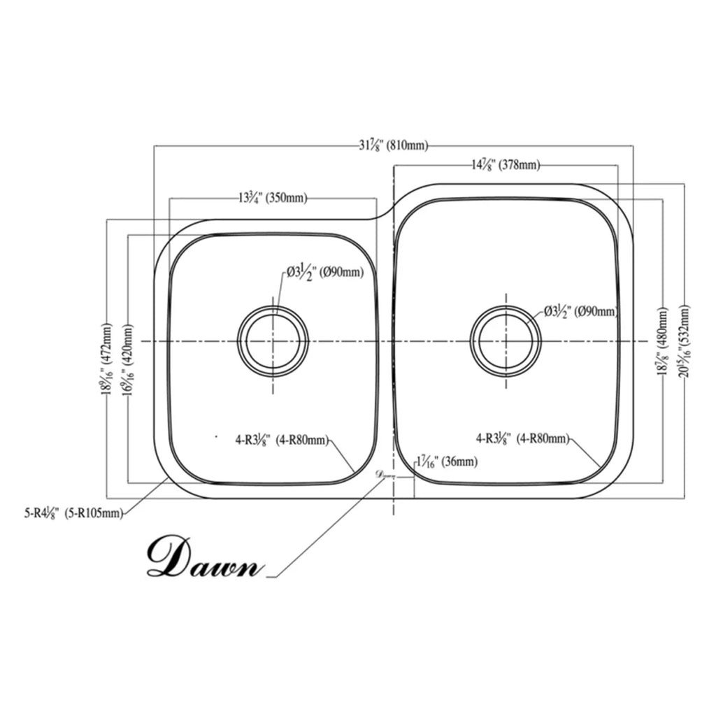 Dawn ASU108L Undermount Satin Double Bowl Kitchen Sink
