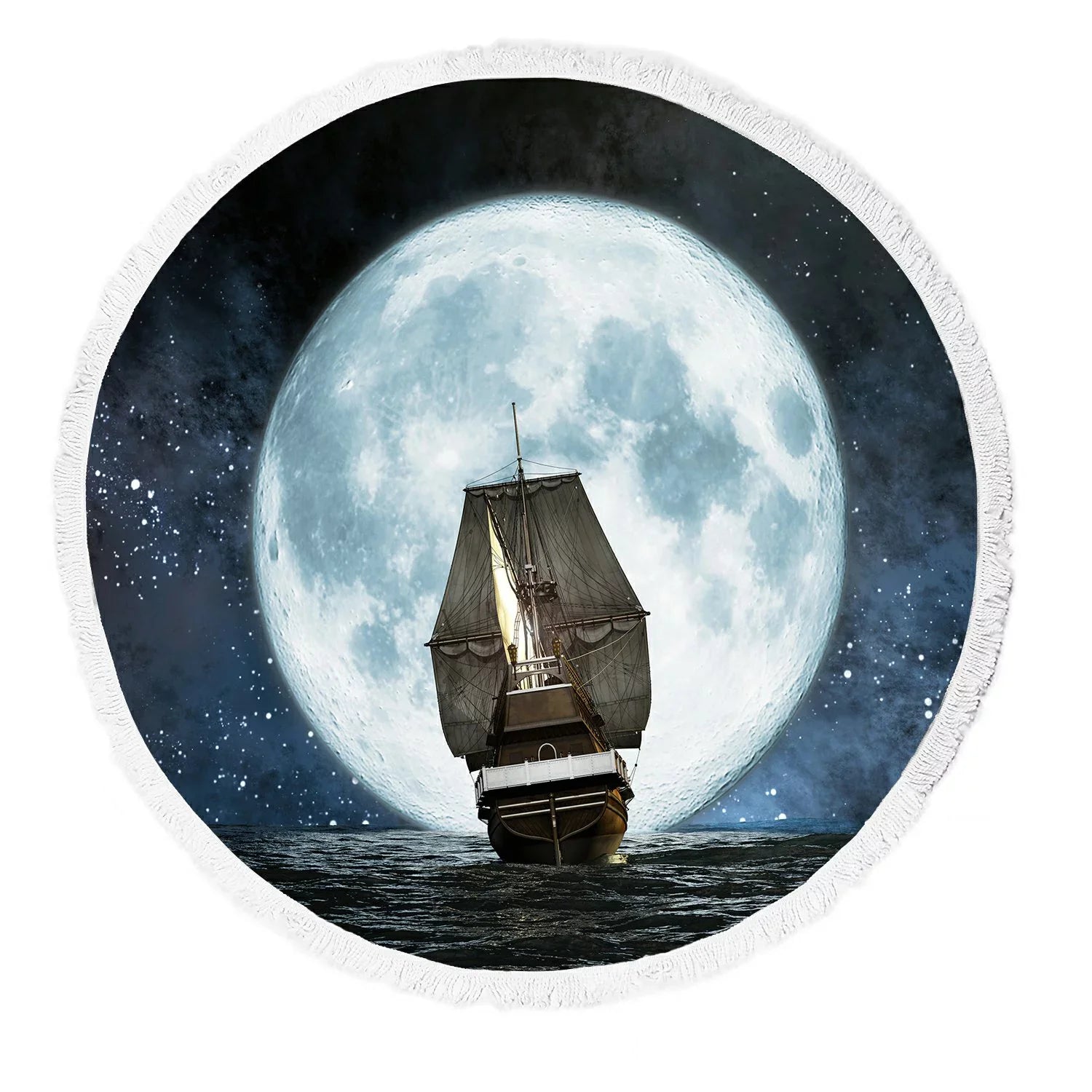 Ocean Beach Towel, Moon Boat and Reflection in the Water Artwork Beach Towel Beach Blanket with Tassels Beach Throw Towel Yoga Mat Picnic Blanket