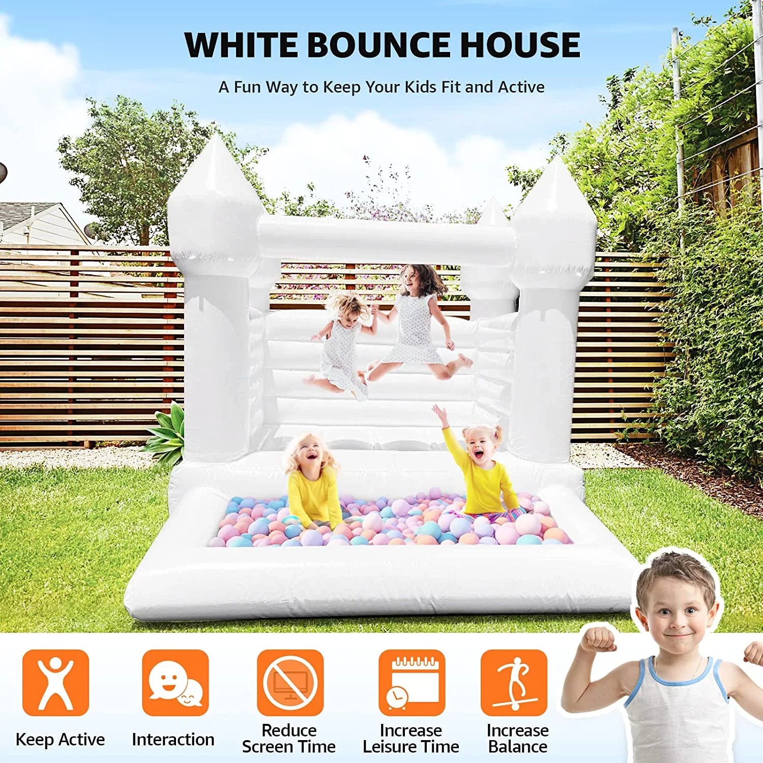 Connsann White Bounce House  Commericial Grade   Jump Castle with Blower & Ball Pit  for Kids Outdoor Indoor Party