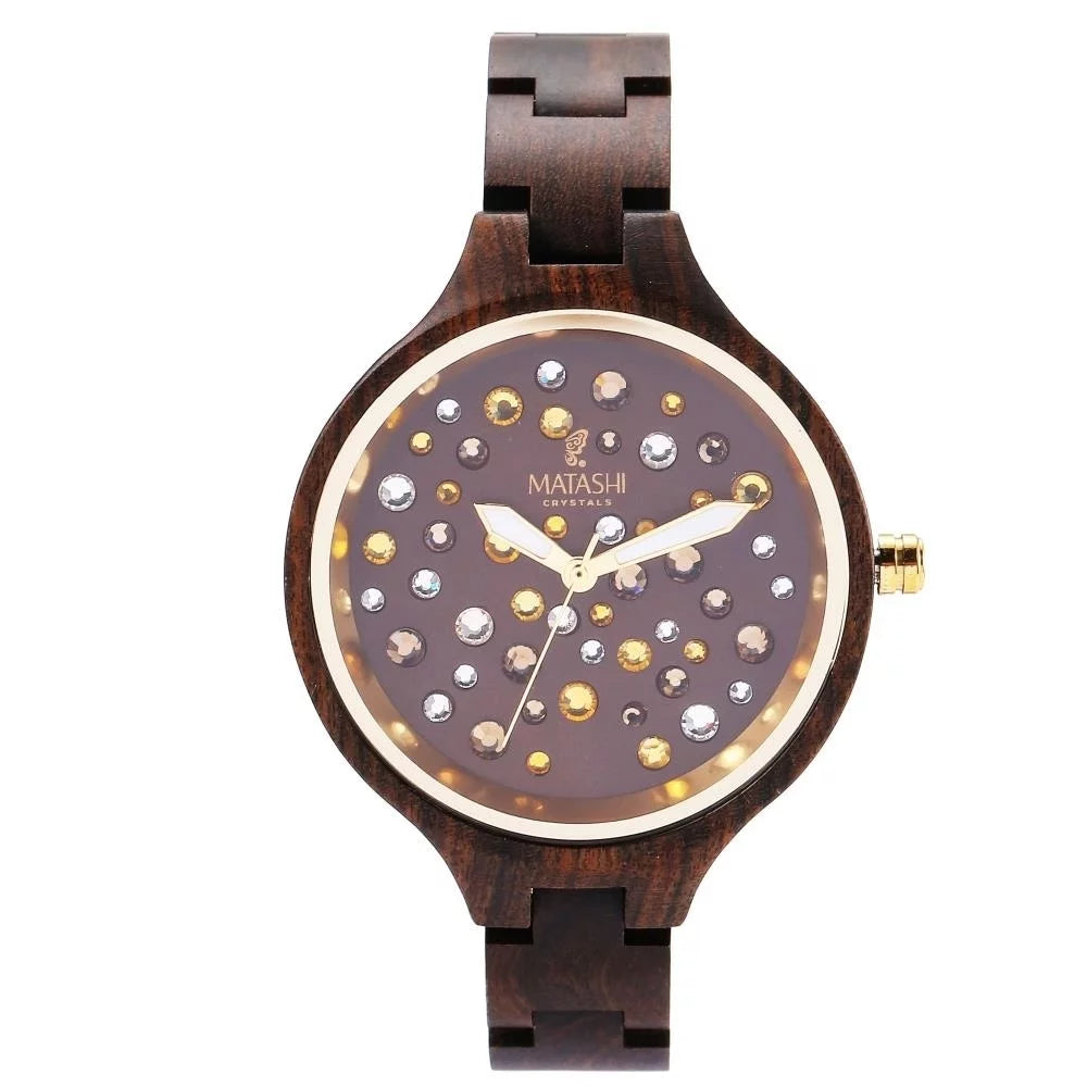 Womens Brown Salwood Watch with Crystals, Gold Bezel, Business Casual, Swiss Ronda Movement, 1ATM Water Resistant MTJW13040