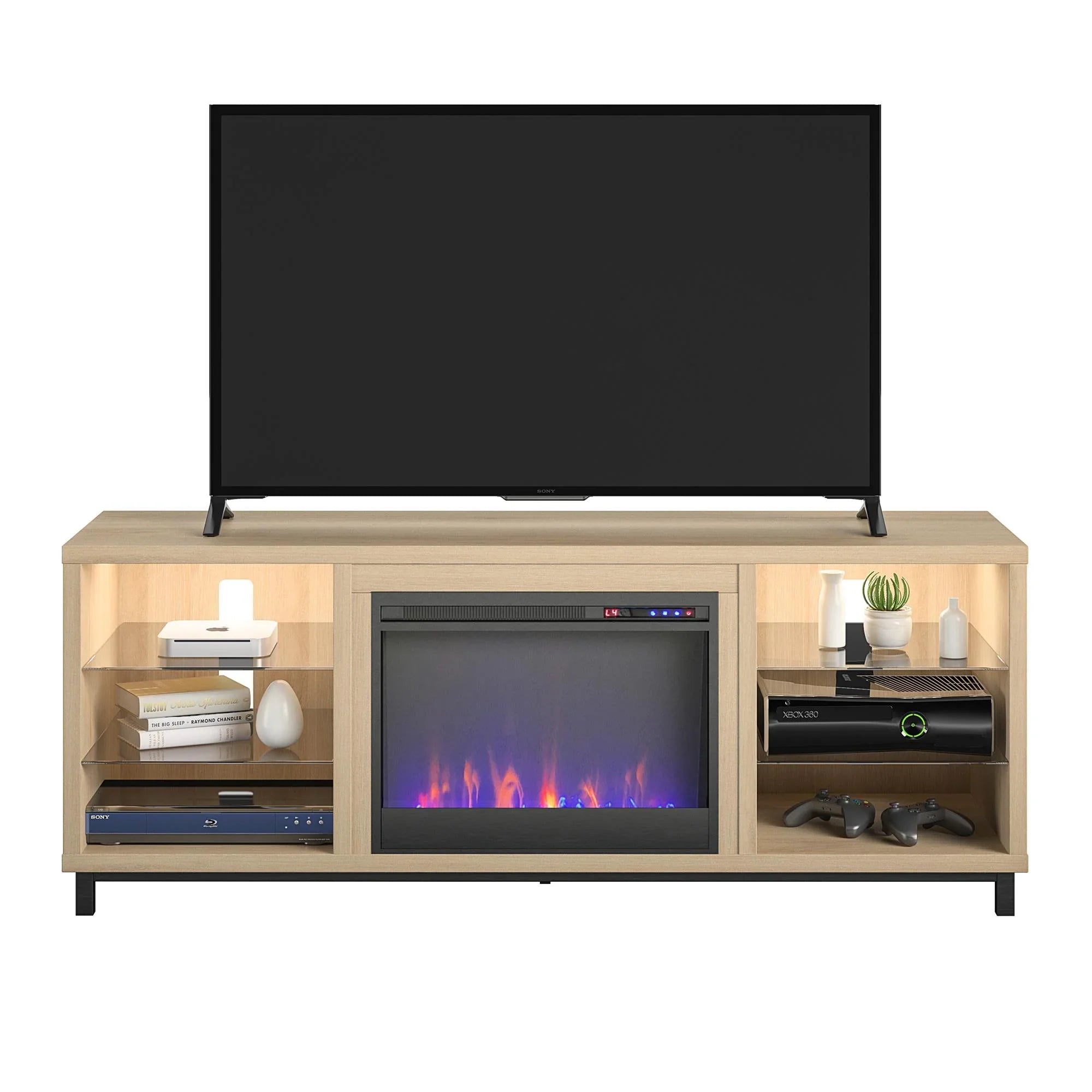 Ameriwood Home Lumina Deluxe Fireplace  Stand for TVs up to 70" in Blonde Oak