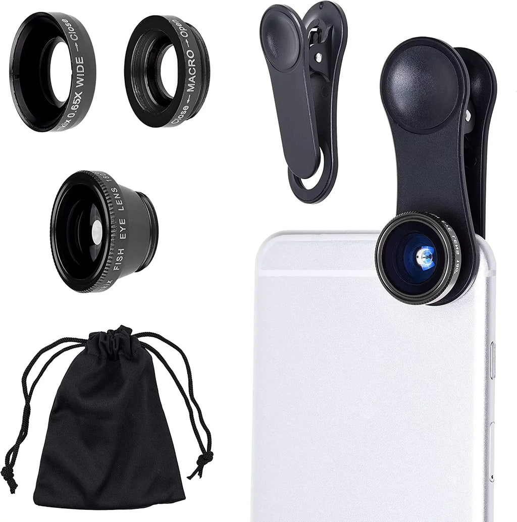 Universal 3 in 1 Cell Phone Camera Lens Kit for Smartphones Including - Fish Eye Lens / 2 in 1 Macro Lens & Wide Angle