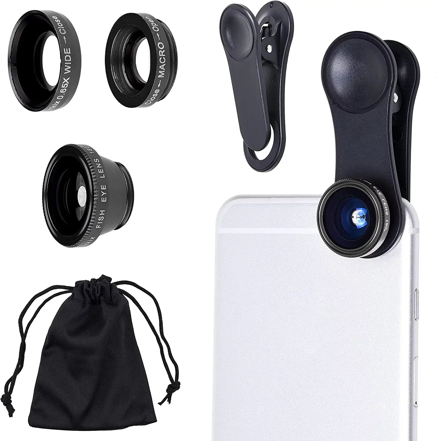 Universal 3 in 1 Cell Phone Camera Lens Kit for Smartphones Including - Fish Eye Lens / 2 in 1 Macro Lens & Wide Angle
