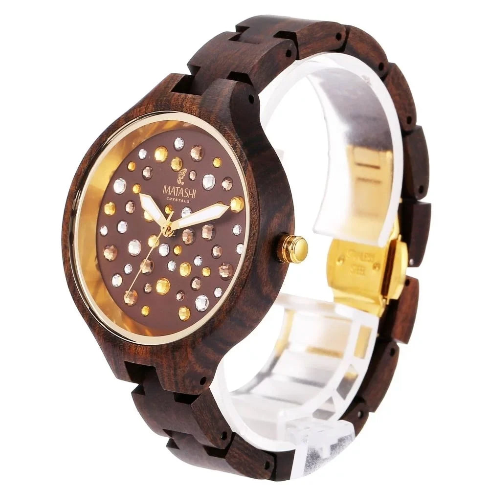 Womens Brown Salwood Watch with Crystals, Gold Bezel, Business Casual, Swiss Ronda Movement, 1ATM Water Resistant MTJW13040