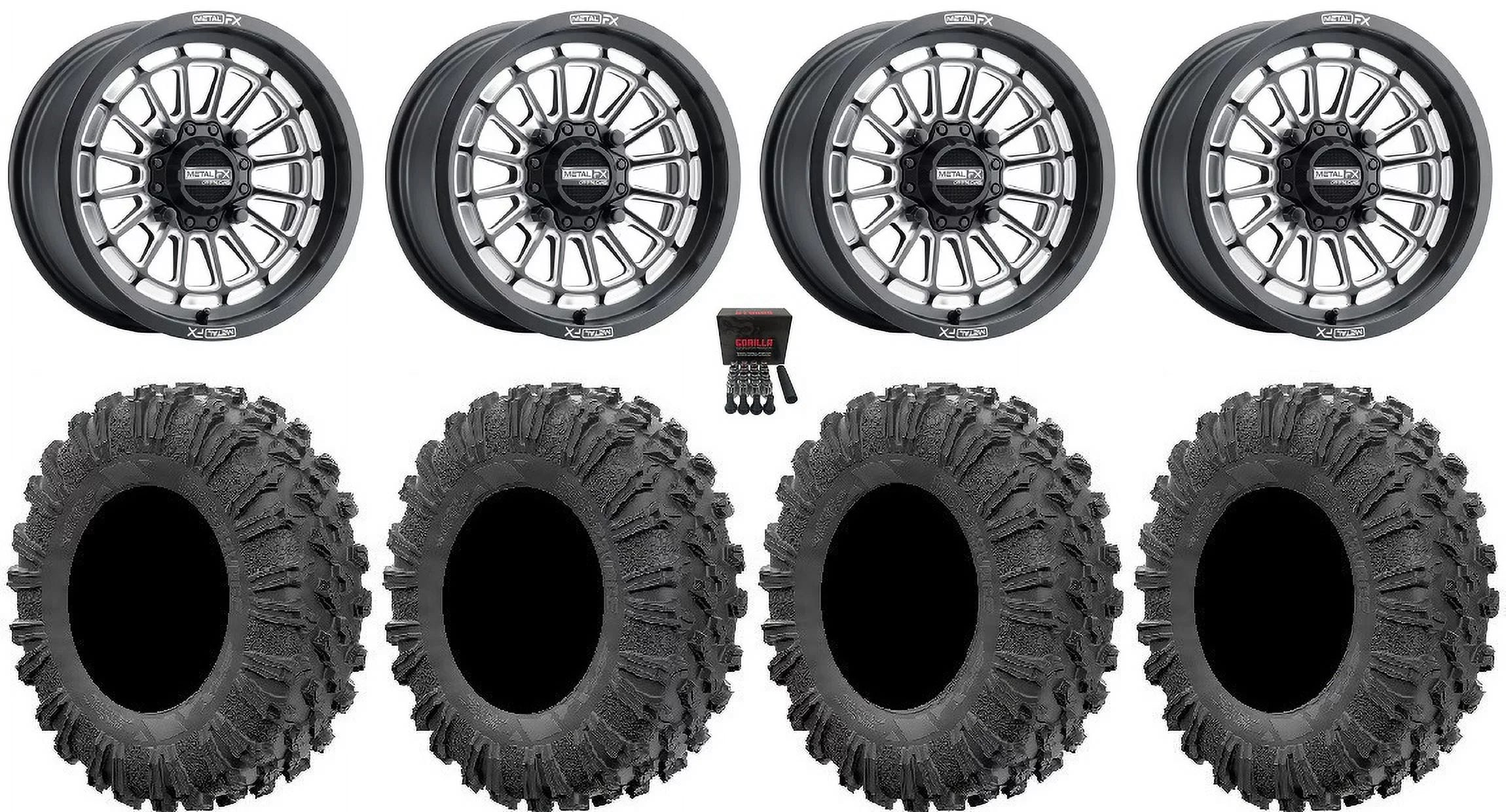 MetalFX Delta Contrast Cut 15" Wheels Bk 32" MotoRavage Tires Can-Am Maverick X3 / Honda Pioneer 1000 / Talon