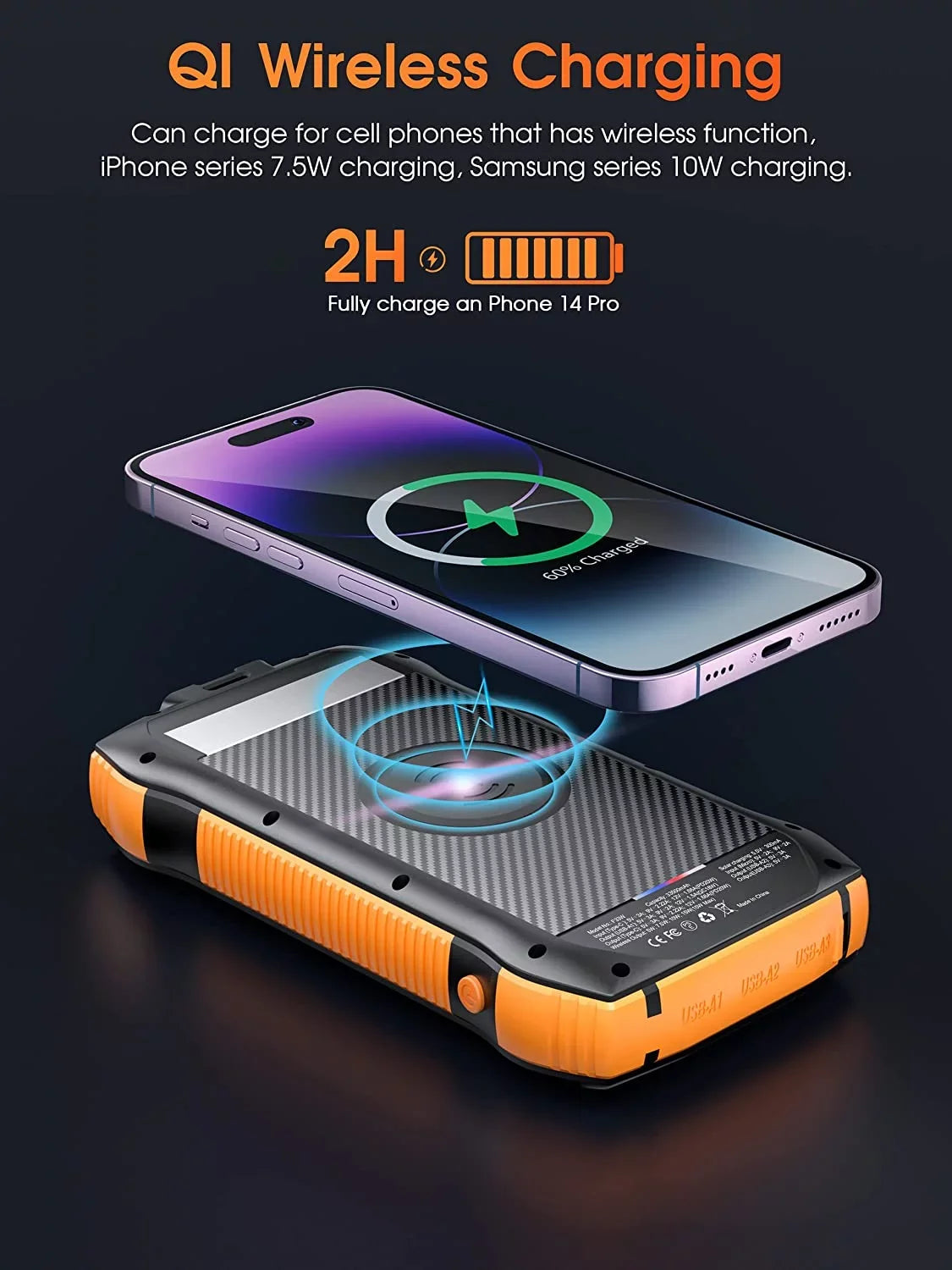 Solar Power Bank for Ulefone Power Armor 14 Pro - Portable Charger 33500mAh QC3.0 18W  20W Fast Charging, Portable Charger with 10W Wireless 5 Outputs IP67 Waterproof 6W Flashlight