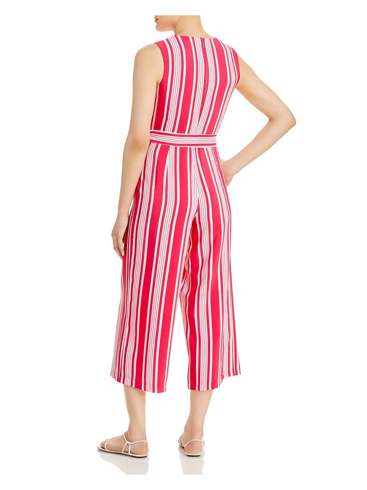 Womens Pink Zippered Pocketed Self Tie Sash Striped Sleeveless Surplice Neckline Wear To Work Wide Leg Jumpsuit 2