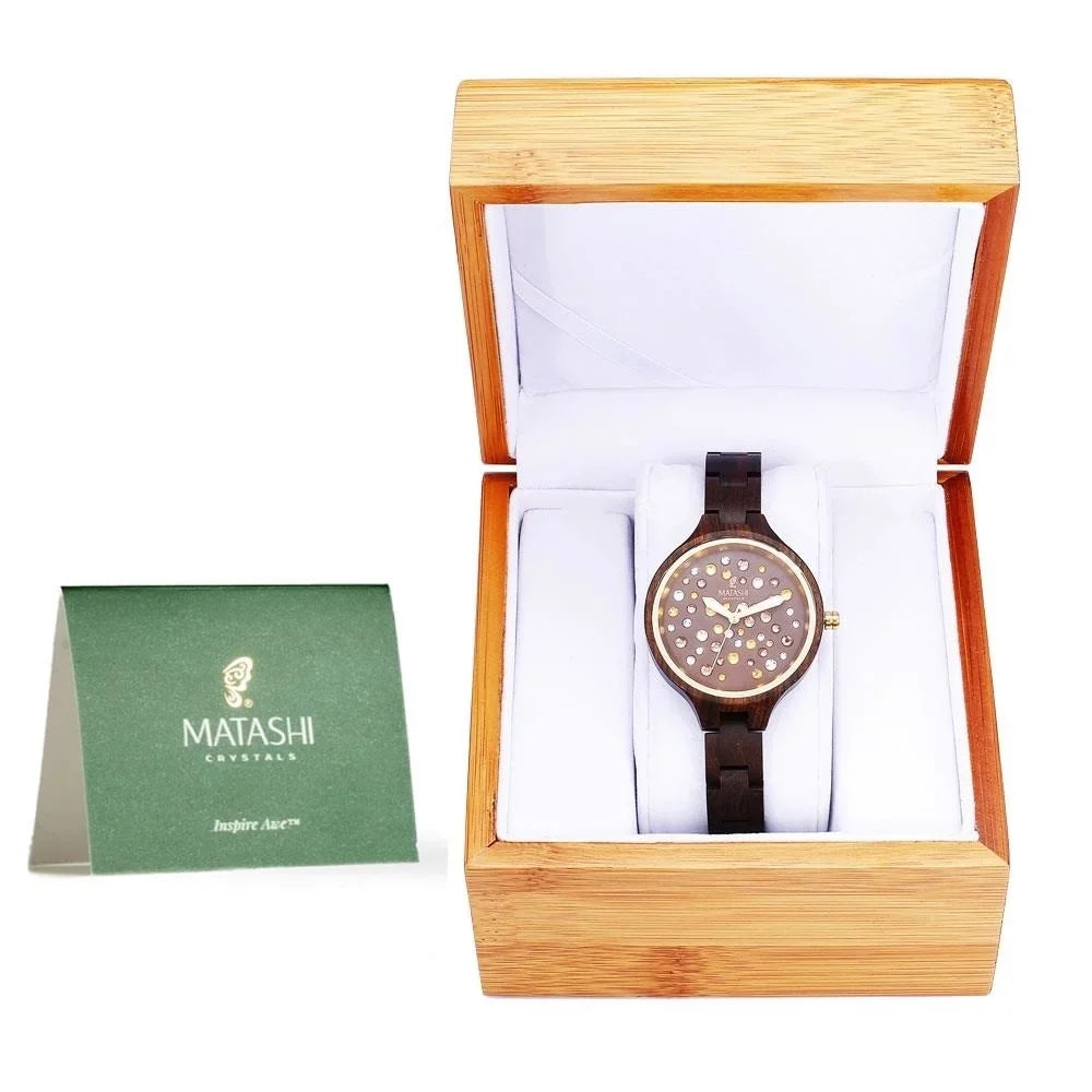 Womens Brown Salwood Watch with Crystals, Gold Bezel, Business Casual, Swiss Ronda Movement, 1ATM Water Resistant MTJW13040