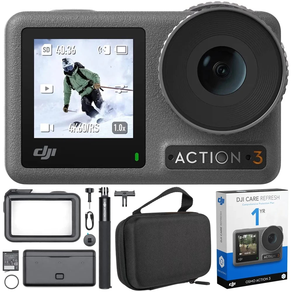Osmo Action 3 Action Camera, Adventure Combo 4K 120fps Super-Wide  Bundle with  Care Refresh 1-Yr Plan for  Osmo Action 3 and Premium Custom Case