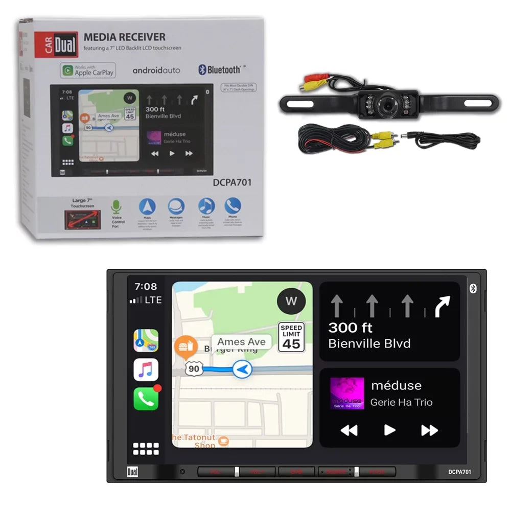 Dual DCPA701 2DIN 7" Digital Media Car Stereo w/ Bluetooth Apple Carplay Android Auto +  License Backup Camera