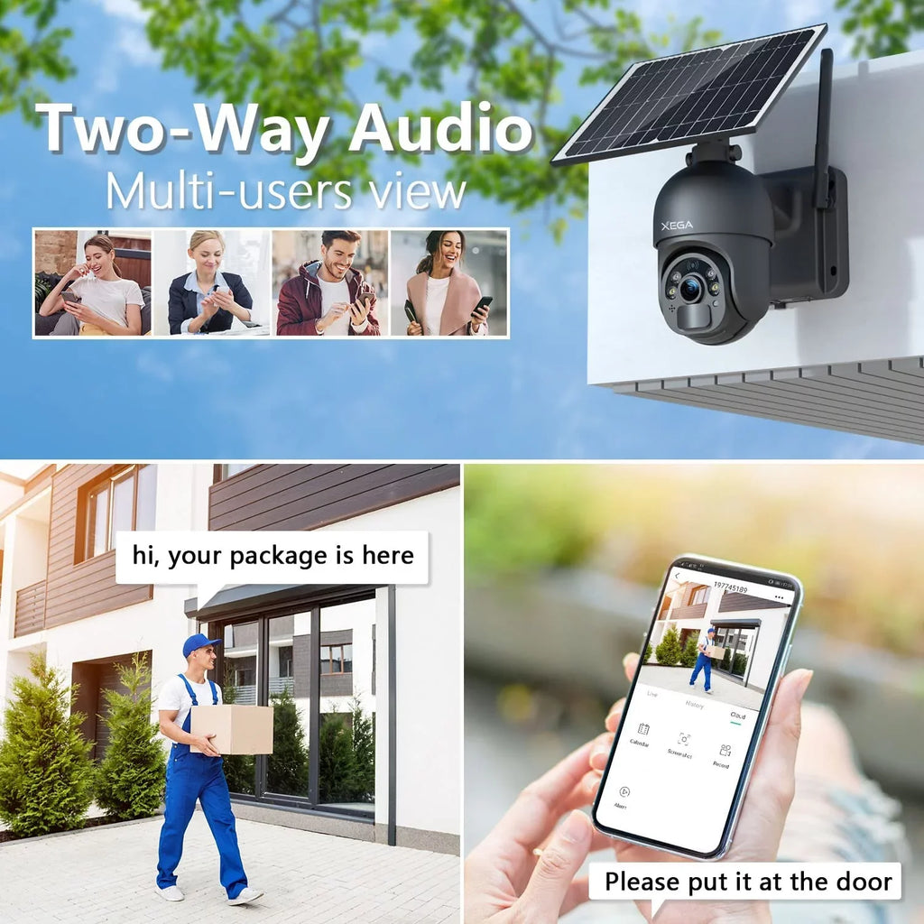 Xega 2K Outdoor 3G/4G  Cellular Solar/Battery Power Wireless Security Camera with  Card, 14400mAh Rechargeable Battery, 4X Zoom, 355° Pan 95° Tilt, Night Vision, 2-Way Talk, IP66, No Wifi Need