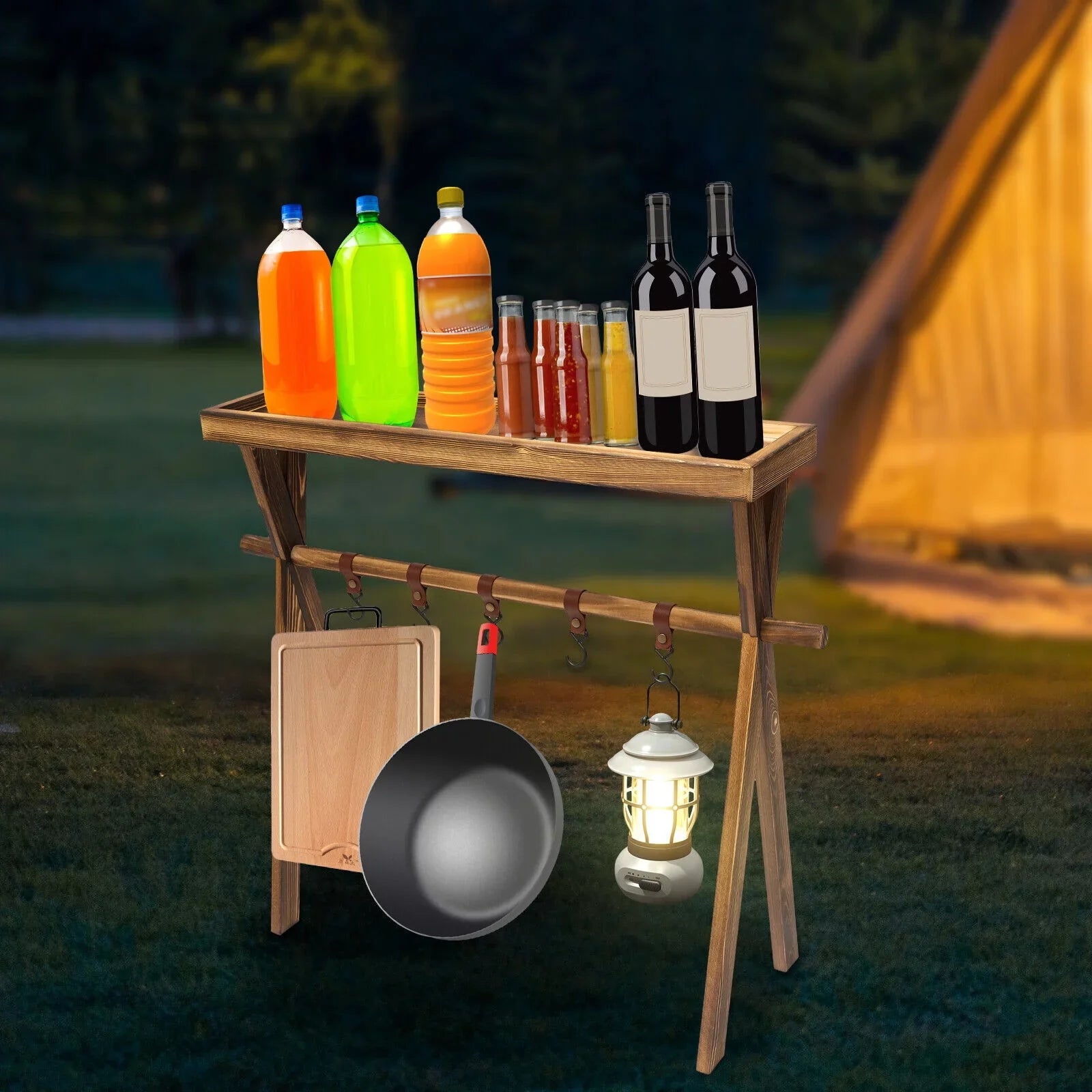 Miumaeov Wooden Portable Picnic Rack Outdoor Grill Rack Storage Table Shelf for Picnic, Camping,