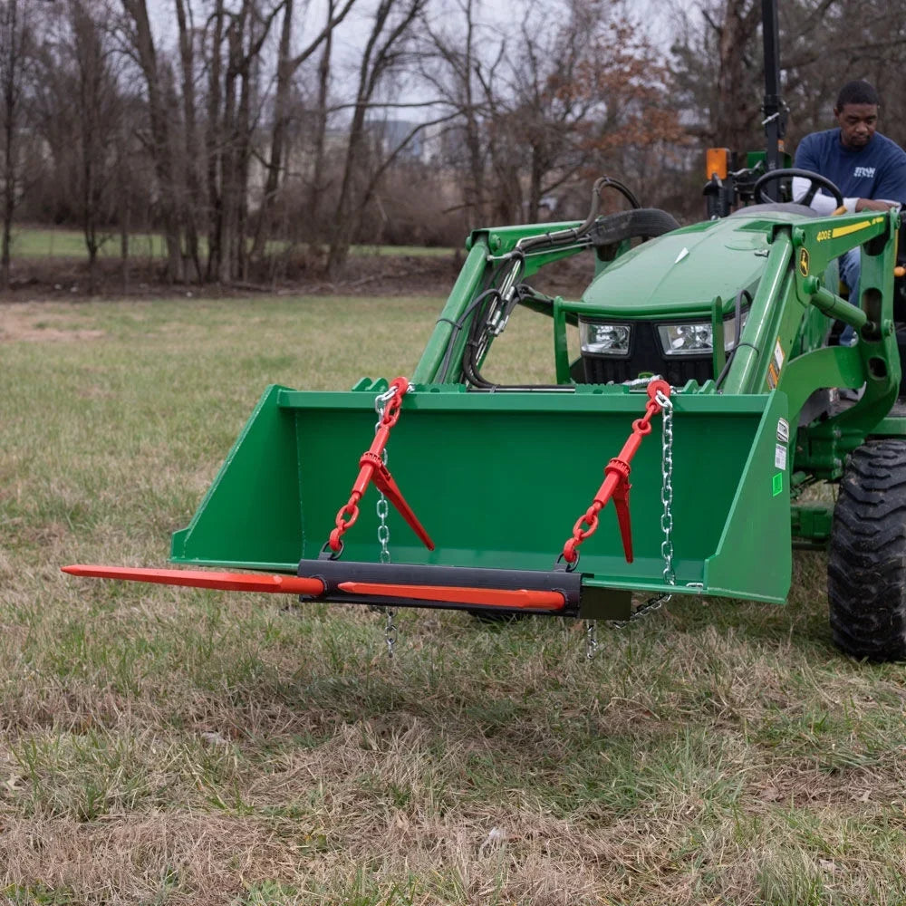 Titan Attachments Dual Prong 43" Hay Bale Spear Attachment, Universal  Front Skid Steer Tractor Loader Bucket Attachment, 3000  Capacity, Conus 2 Tines, Chains and Ratchet Binders Included