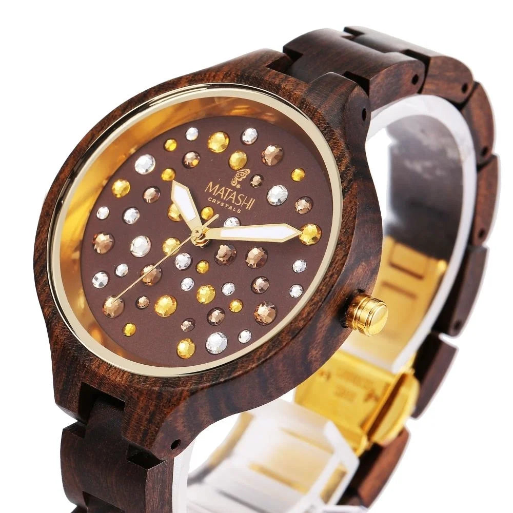 Womens Brown Salwood Watch with Crystals, Gold Bezel, Business Casual, Swiss Ronda Movement, 1ATM Water Resistant MTJW13040
