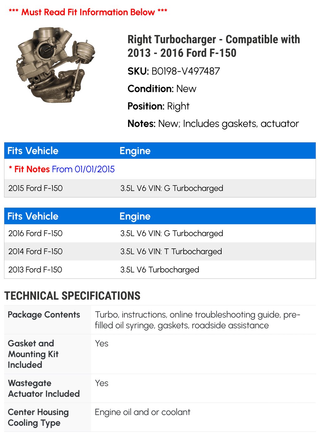 Right Turbocharger - Compatible with 2013 - 2016 Ford F-150 2014 2015