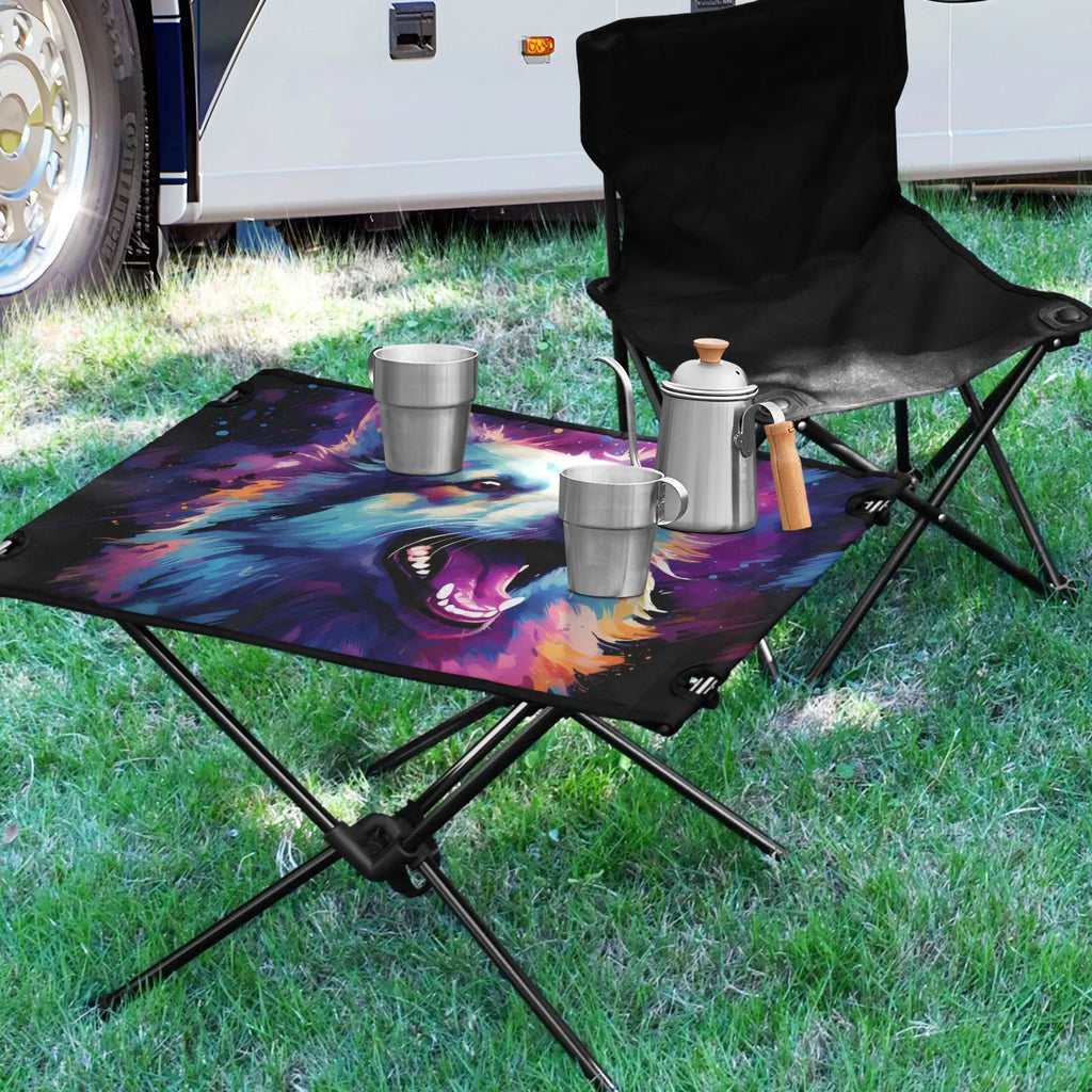 Wolf Abstract Cool Camping Foldable Portable Table Beach Table with Storage Bag Compact Picnic Table for Outdoor Hiking Fishing