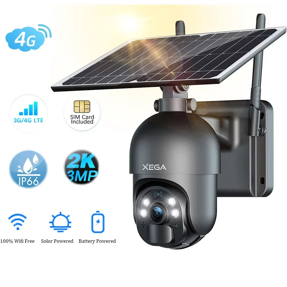 Xega 2K Outdoor 3G/4G  Cellular Solar/Battery Power Wireless Security Camera with  Card, 14400mAh Rechargeable Battery, 4X Zoom, 355° Pan 95° Tilt, Night Vision, 2-Way Talk, IP66, No Wifi Need