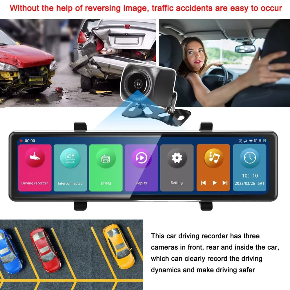 Pinnaco 3 Cameras Dash Cam 2.5K Clear Car Rearview Mirror  Car Video Recording Camcorder Touched Screen Car Camera Recorder Auto Driving Recorder for Enhanced Safety