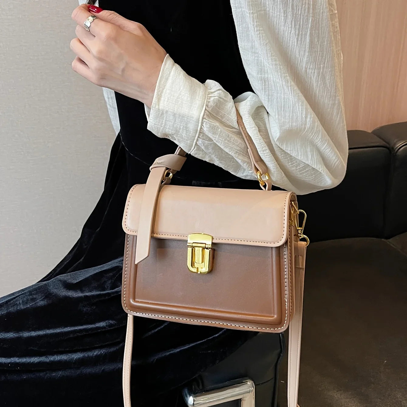Junior Buckle Decor Handbag, Trendy Square Crossbody Bag, Faux Leather Flap Purse For Women (7.9*5.93*3.16) Inch
