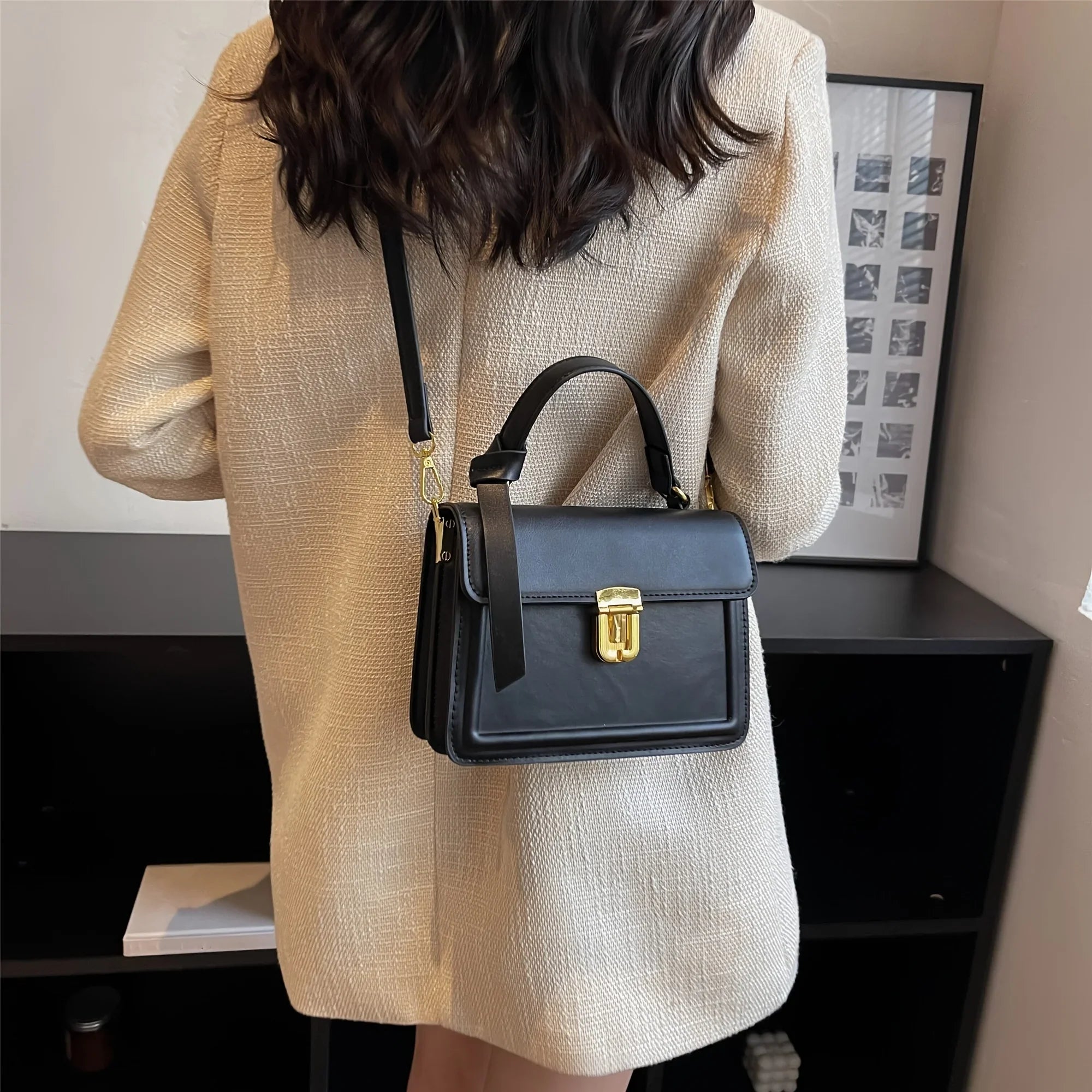 Junior Buckle Decor Handbag, Trendy Square Crossbody Bag, Faux Leather Flap Purse For Women (7.9*5.93*3.16) Inch