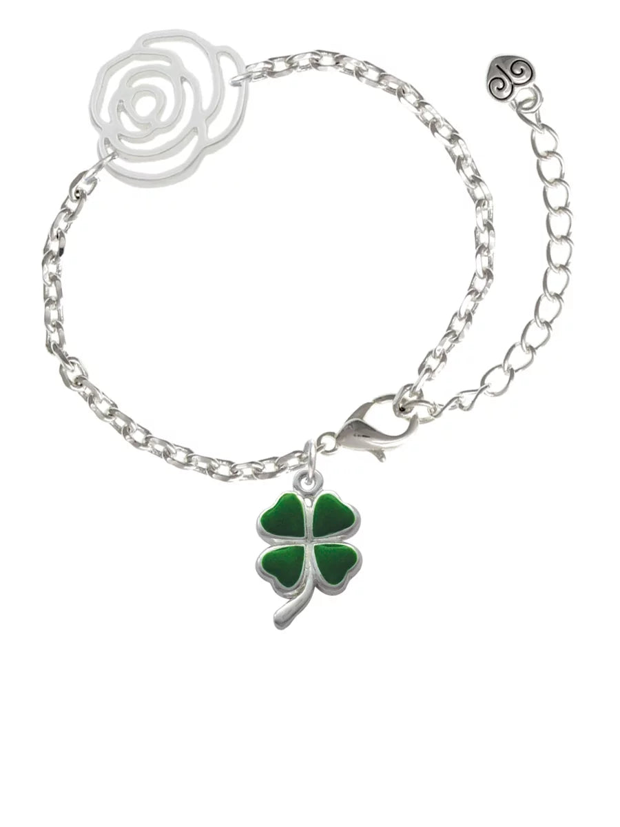 Delight Jewelry Silvertone Green Four Leaf Clover with Heart Leaves Silver-tone Flower Link Chain Bracelet, 6.75"+2" Extender