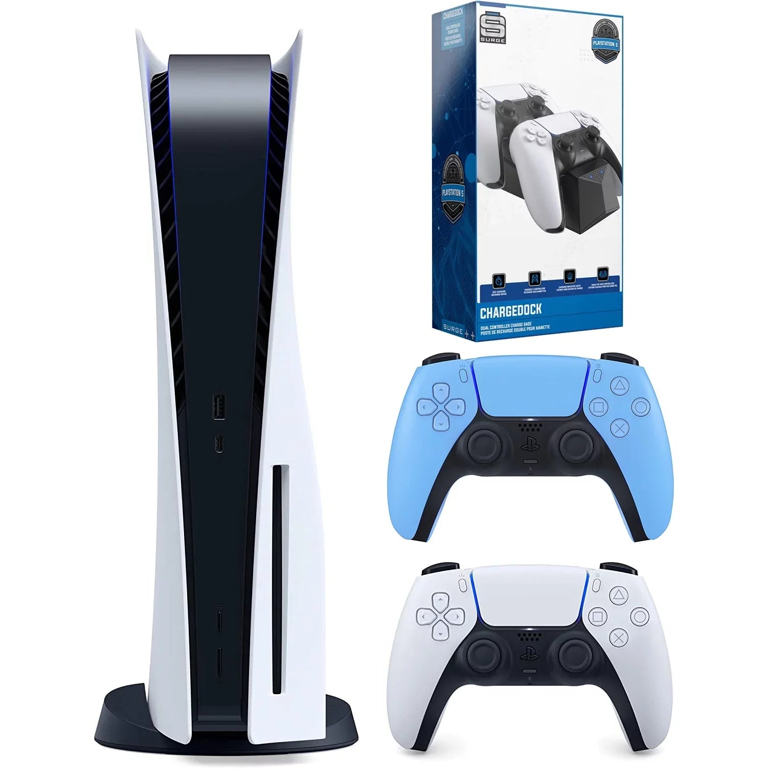 Sony Playstation 5 Disc Version (Sony PS5 Disc) with Extra Controller and Dual Charging Station - Starlight Blue Bundle