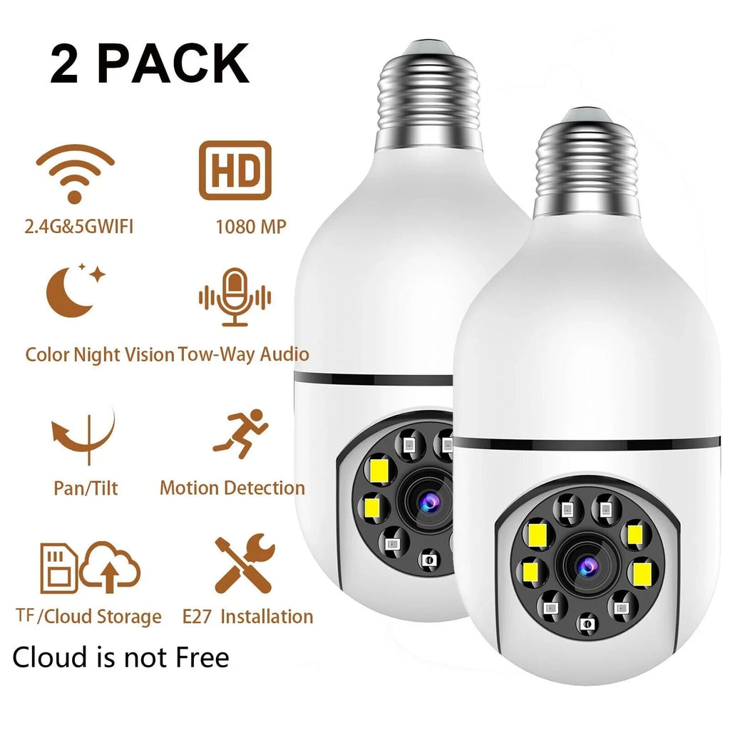 2PCS Wireless Security Camera,   Camera, E27 Light Bulb 1080P  Security Monitor Cam with Infrared Night Vision, White (Supports 2.4G &5G Wi-Fi)