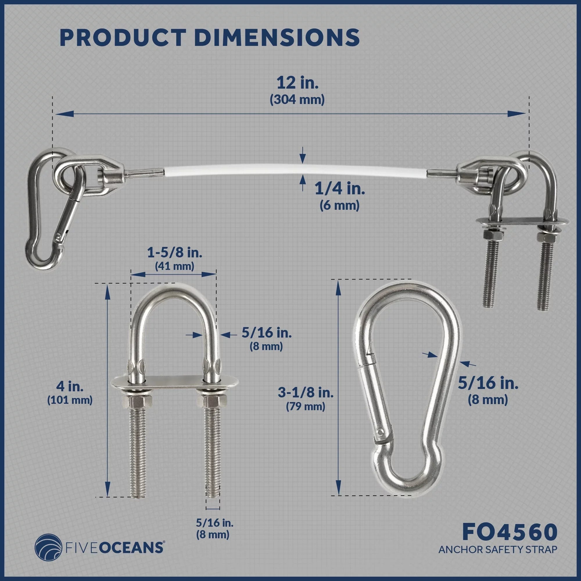 Five Oceans 12-Inch Anchor Safety Straps, Heavy Duty 7x19  Coated Stainless Steel 6mm Wire Rope, Includes 5/16-Inch Carabiner Snap Hook and 5/16-Inch U-Bolt - FO4560