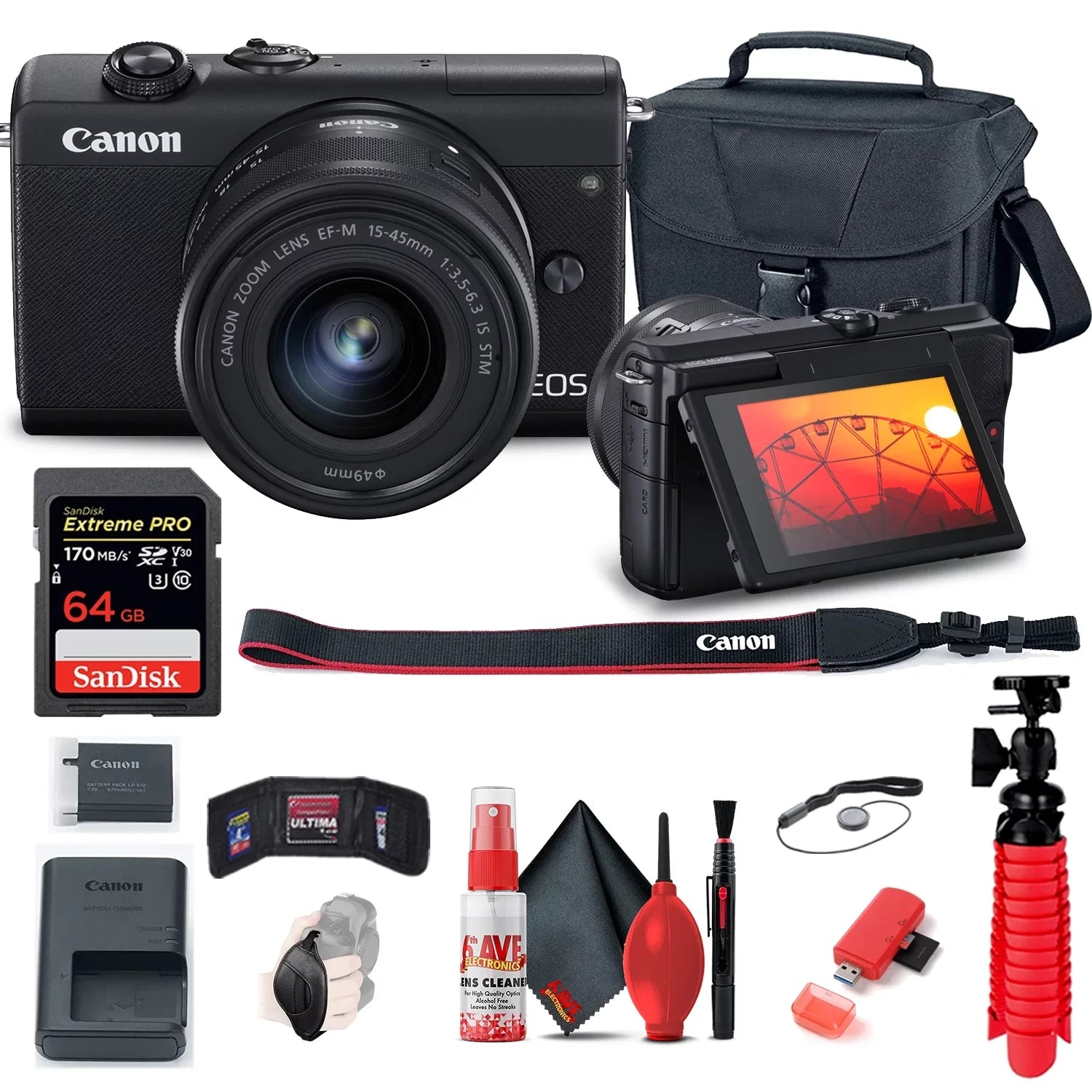 Canon  M200 Black Mirrorless Digital Camera with 15-45mm Lens (3699C009) (New) + More