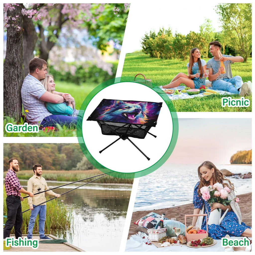 Wolf Abstract Cool Camping Foldable Portable Table Beach Table with Storage Bag Compact Picnic Table for Outdoor Hiking Fishing