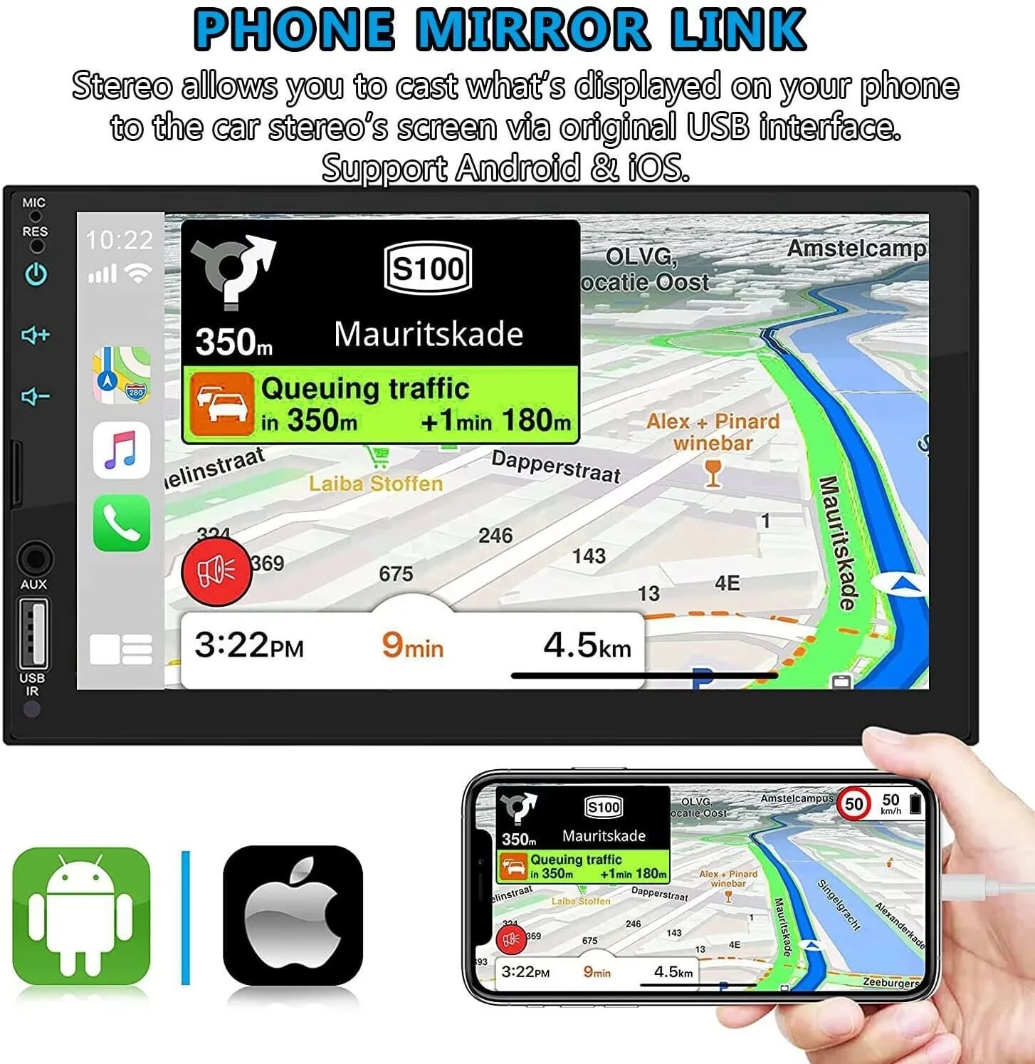 Double 2Din 7" Car Stereo Android/Apple Carplay Radio Touch Screen Player + 12LED Camera