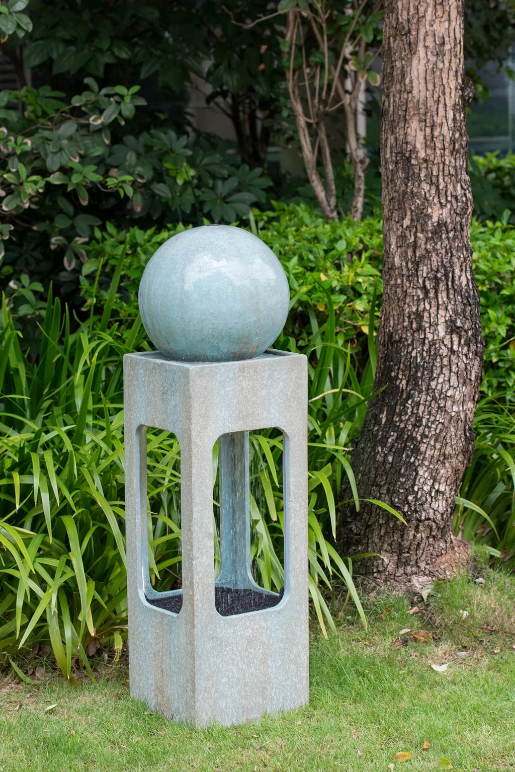13x13x44" Tall Contemporary Sphere Outdoor Water Fountain, Cement/Concrete Outdoor Fountain, Antique Blue Raindrop Water Feature with Light For Garden, Lawn, Deck & Patio