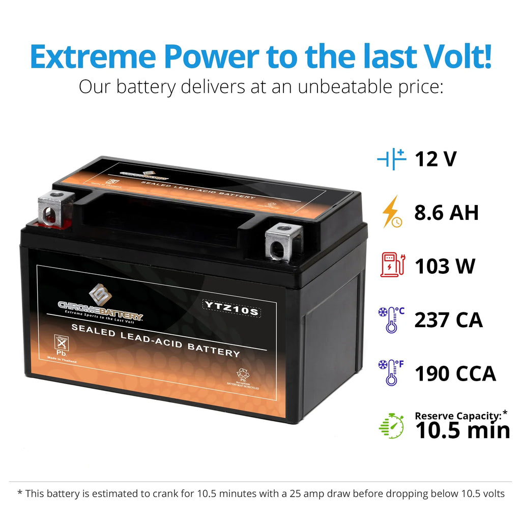 Chrome Battery YTZ10S- (YTZ10S 12 Volt,8.6 Ah, 190 ) Motorcycle Battery for Suzuki Gsx-r1000, Z, Al8 1000 Cc Years (2017 - 2018)