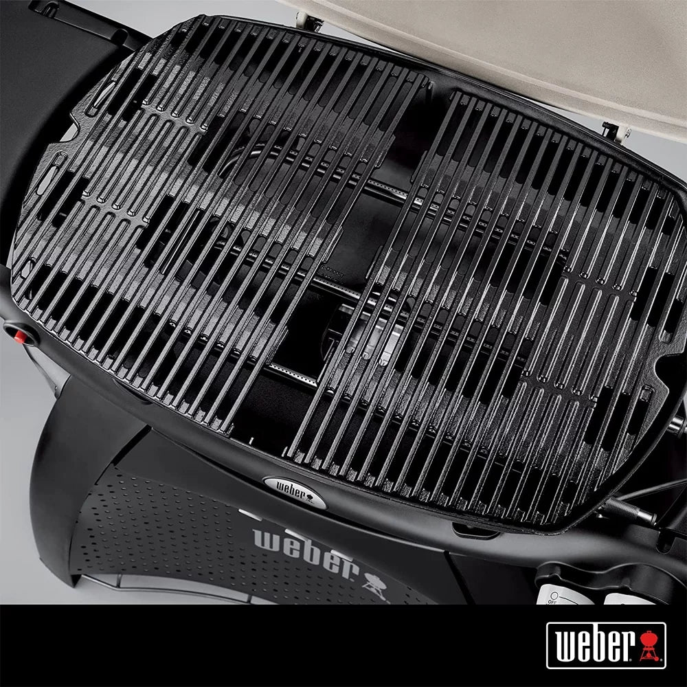 Weber 7646 Cast Iron Cooking Grates for Weber Q 300/3000 Series Grills Bundle with Generic Aluminum Drip Pans Set of 3 and Grill Cover Barbecue Waterproof Outdoor Protection