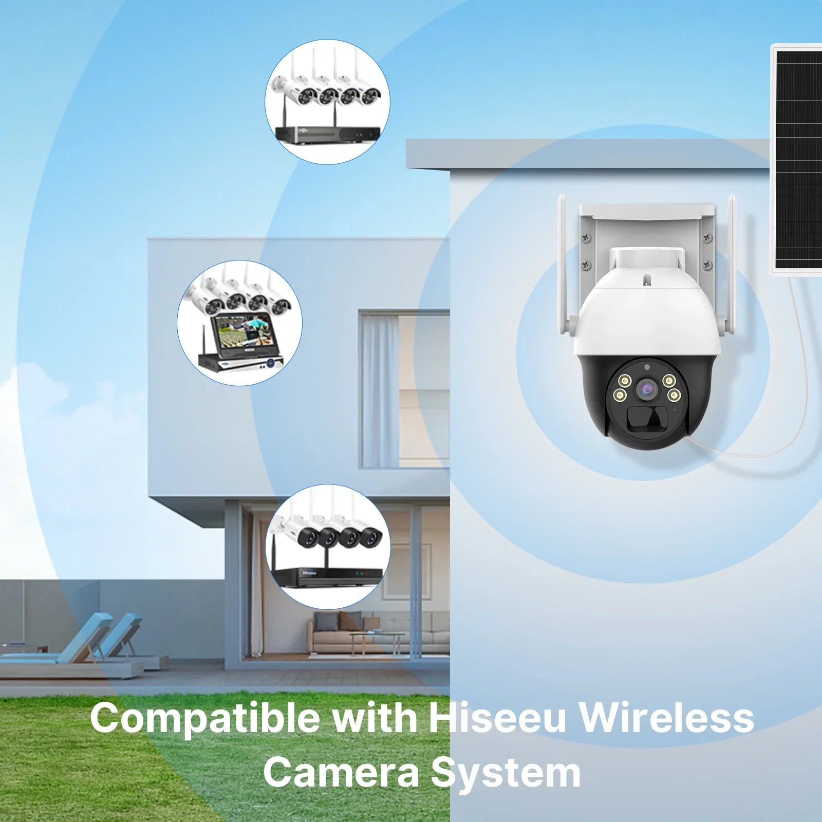 Hiseeu Rechargeable Battery 2K/3MP Solar Wireless Security Camera,360 View Pan/Tilt,8X digital zoom,2-Way Audio,Color Night Vision,Spotlights, Card Slot,Smart  Detection