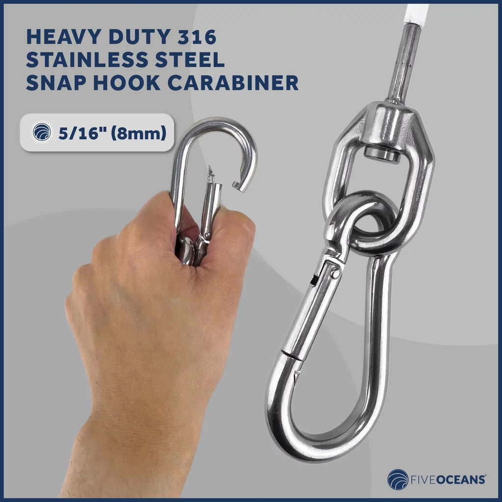 Five Oceans 12-Inch Anchor Safety Straps, Heavy Duty 7x19  Coated Stainless Steel 6mm Wire Rope, Includes 5/16-Inch Carabiner Snap Hook and 5/16-Inch U-Bolt - FO4560