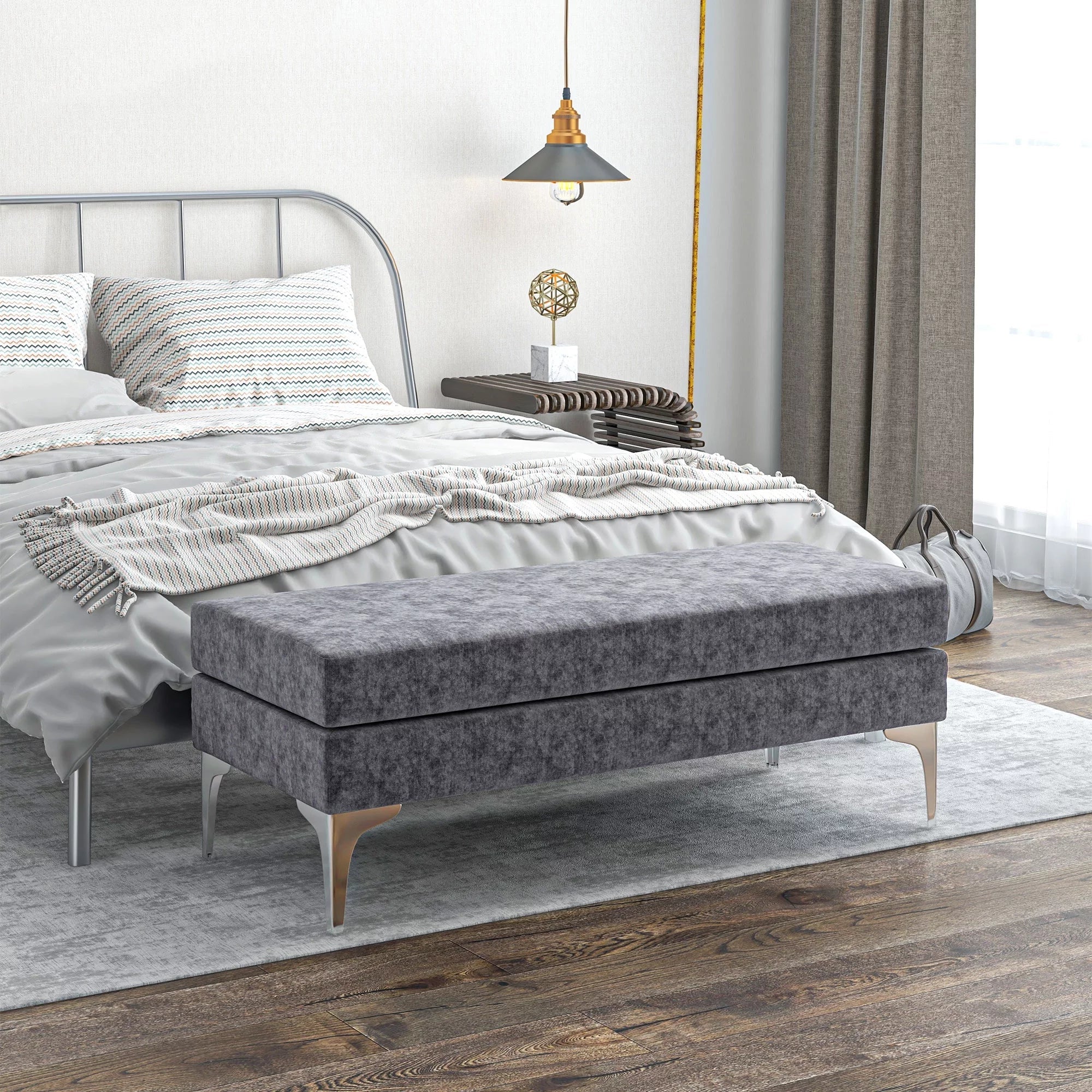 48" End of Bed Bench with Steel Legs, Dark Gray