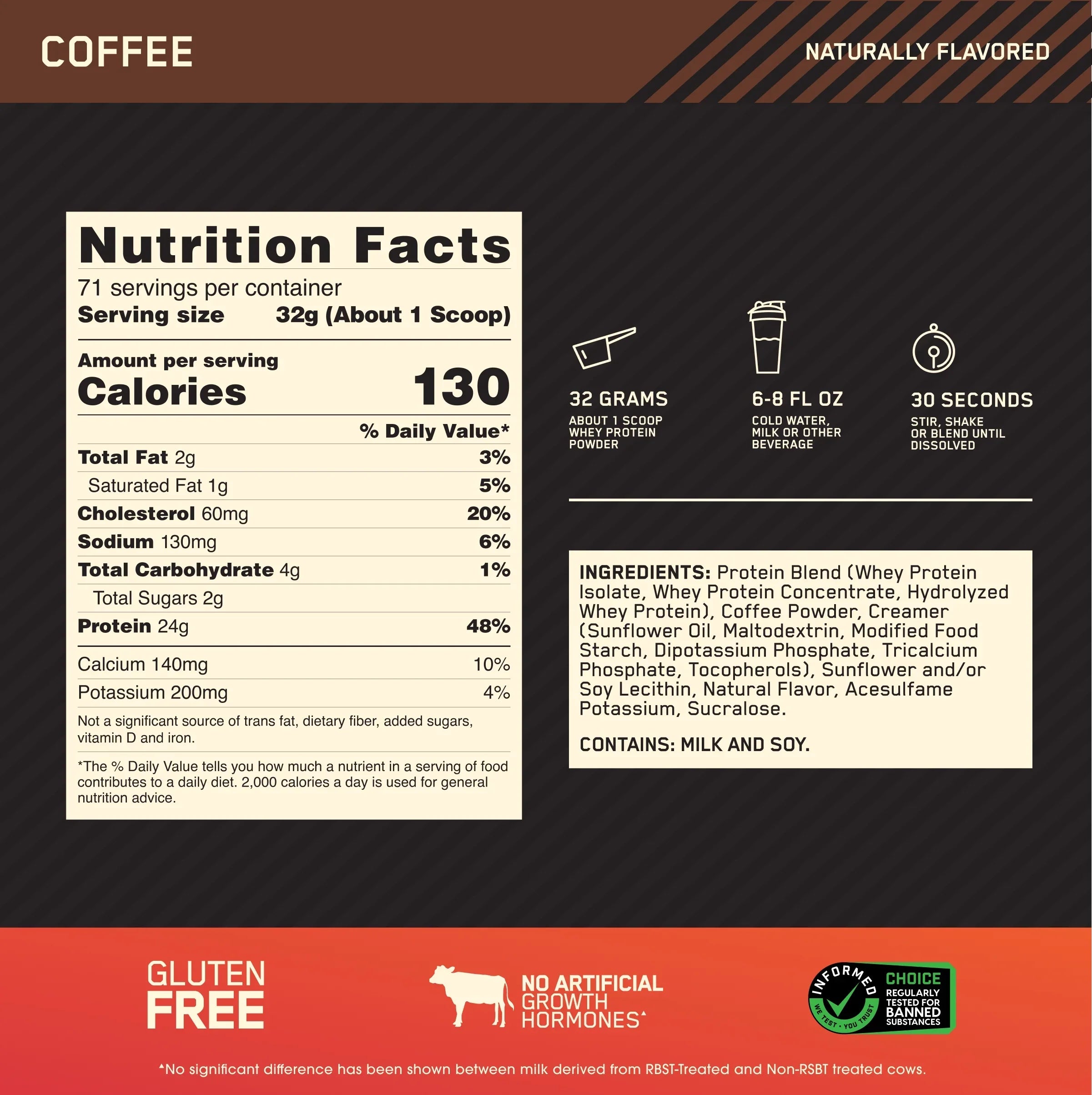 Optimum Nutrition, Gold Standard 100% Whey Protein Powder, Coffee, 5 lb, 71 Servings