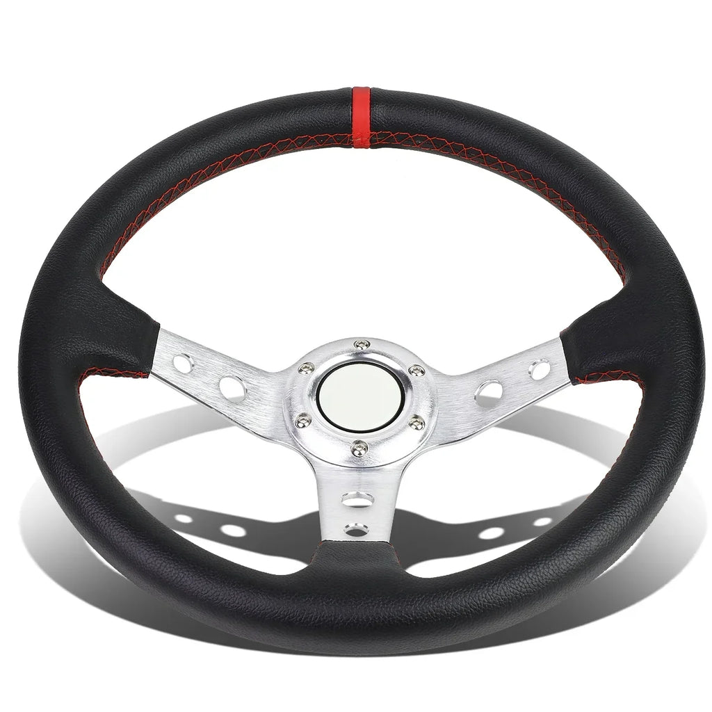Motoring -T520-- 350mm Silver 6-Bolt Spoke Red Stitched  Leather Racing Steering Wheel