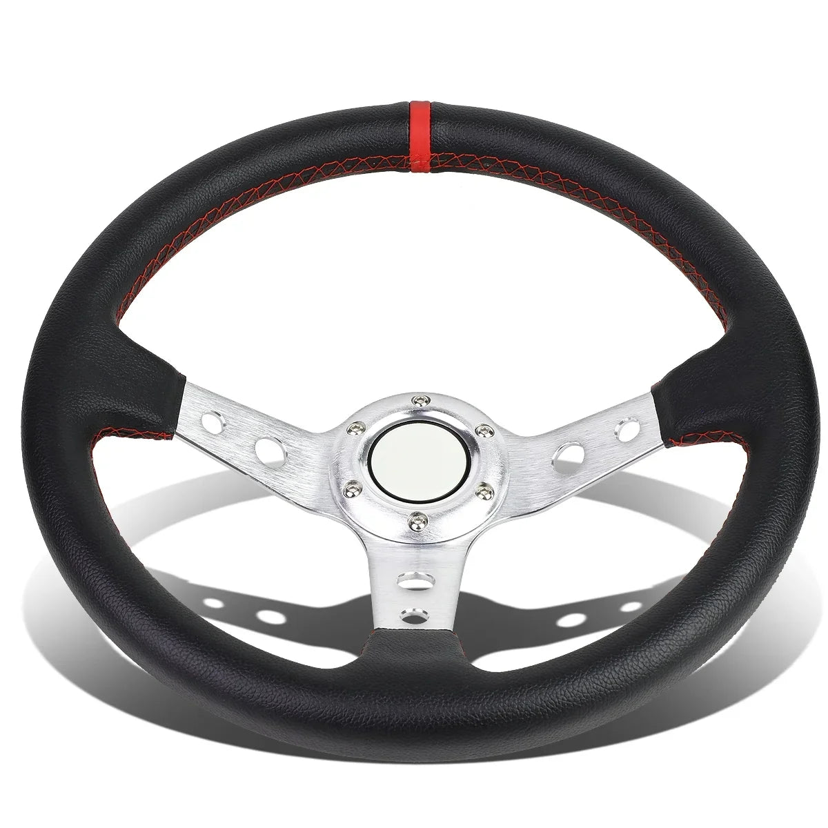 Motoring -T520-- 350mm Silver 6-Bolt Spoke Red Stitched  Leather Racing Steering Wheel