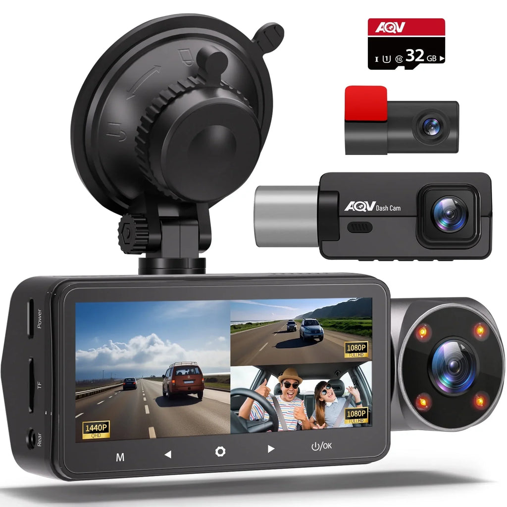 ZD60 DashCam 2K +1080P+1080P Front Rear and Inside 3 Channel Car Camera with Infrared Night Vision, Parking Monitoring, Reverse Camera, G-Sensor, Loop Recording, ,up to128GB