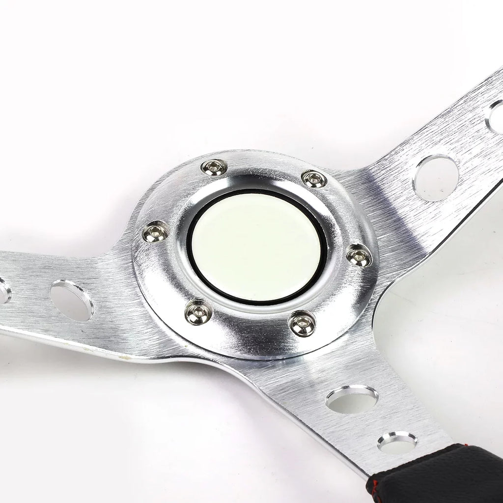 Motoring -T520-- 350mm Silver 6-Bolt Spoke Red Stitched  Leather Racing Steering Wheel