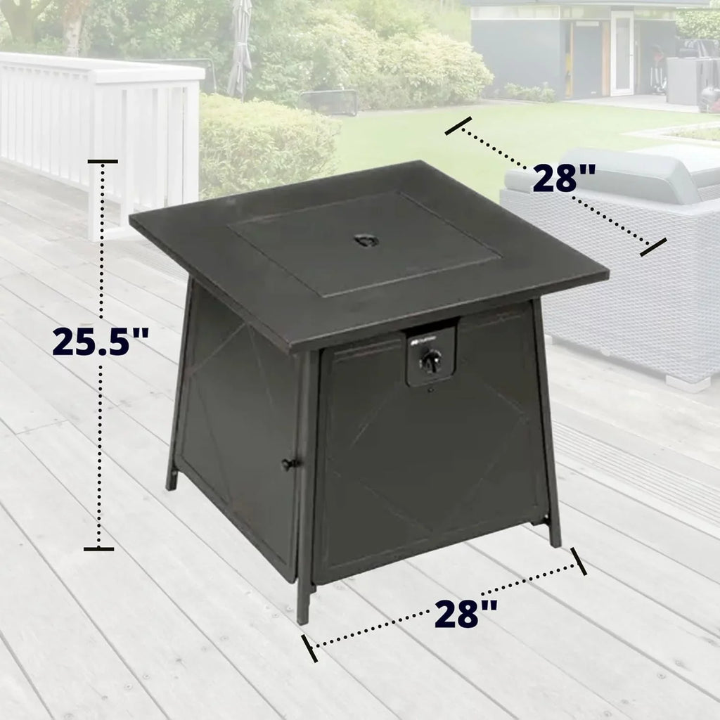 28 Inch Steel Square Gas Outdoor Backyard Tabletop Fire Pit with Lava Rocks and Steel Cover Lid, Black