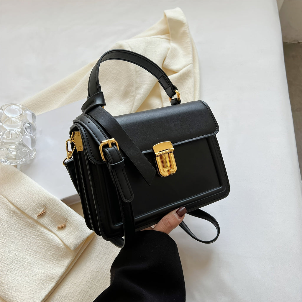 Junior Buckle Decor Handbag, Trendy Square Crossbody Bag, Faux Leather Flap Purse For Women (7.9*5.93*3.16) Inch