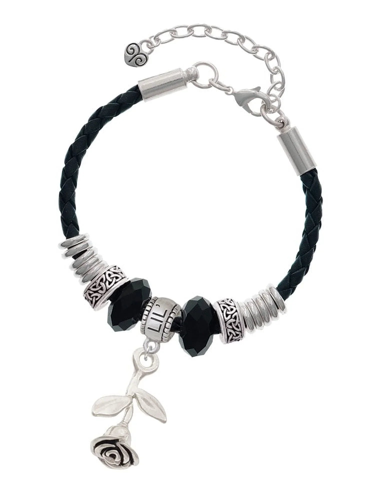 Delight Jewelry Silvertone Stemmed Rose Lil Sister Celtic Knot Leather Bead Bracelet, 7"+2" Extender